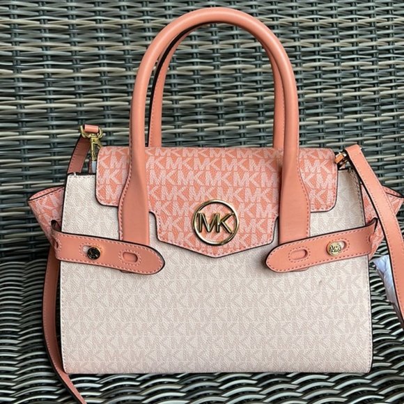Michael Kors Carmen Medium Color-Block Logo Flap Satchel Sherbert - Picture 1 of 16
